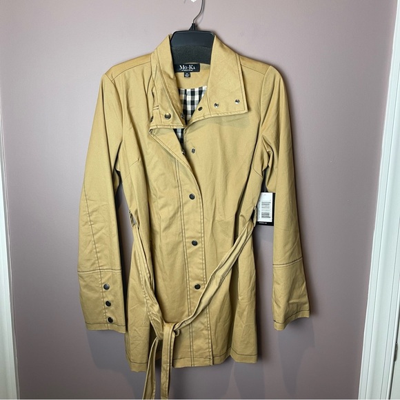 NWT Mo-Ka Camel Button-Down Tie Waist Trench Coat M - Picture 2 of 7
